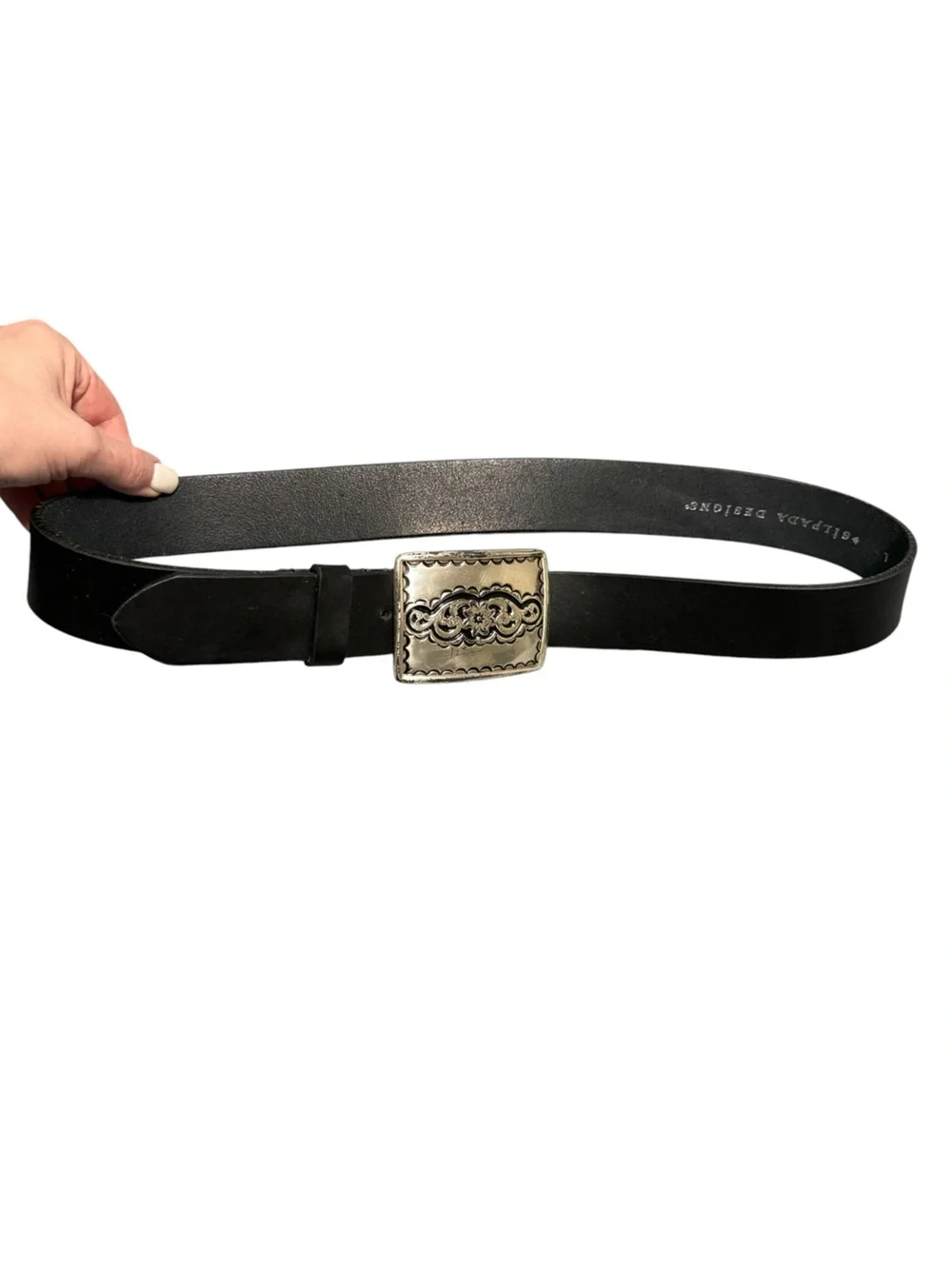 Silpada Italian Leather Black Belt Floral Engraved Silver Buckle Size Large
